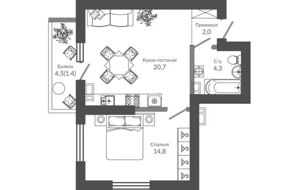 Планировка 1-комн 43,2 м²