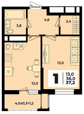 Планировка 1-комн 37,2 м²