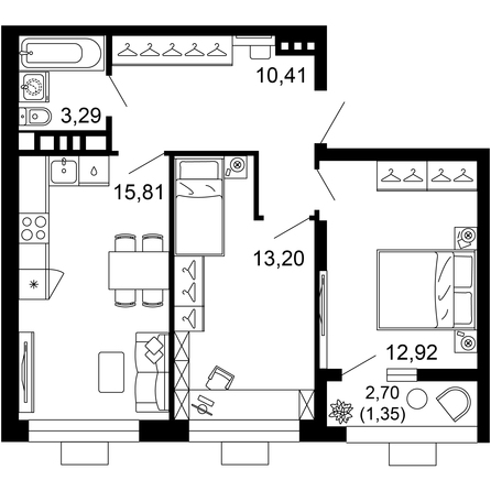 Планировка 2-комн 56,97 м²