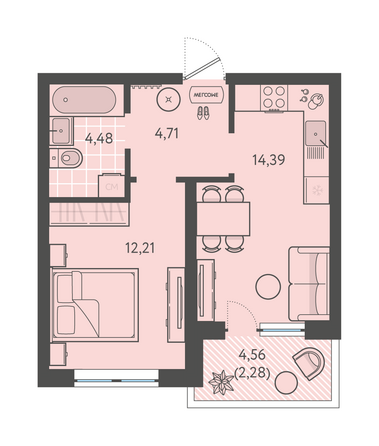 Планировка 1-комн 38,07 м²