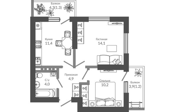 Планировка 2-комн 47,1 м²