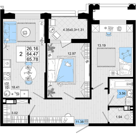 Планировка 2-комн 65,78 м²