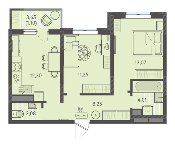 Планировка 2-комн 51,74 - 52,5 м²
