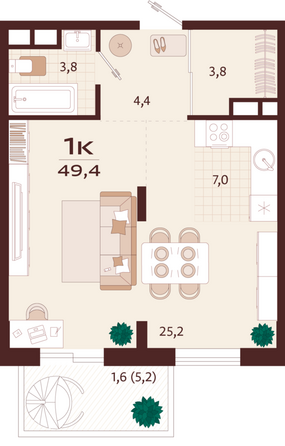 Планировка 1-комн 49,4 м²
