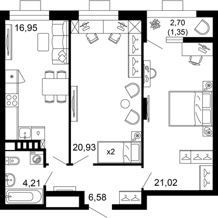 Планировка 2-комн 71,04 м²
