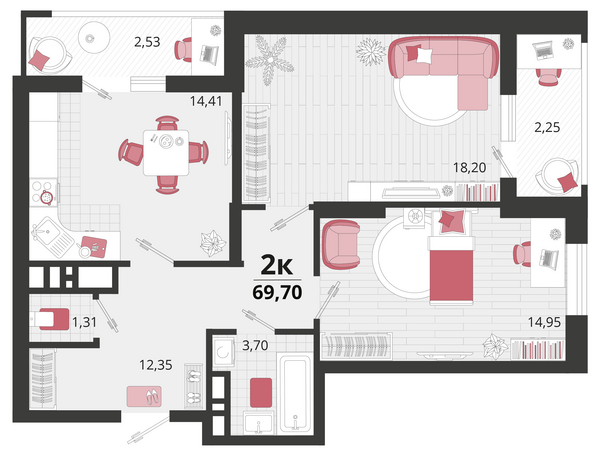 Планировка 2-комн 69,7 м²