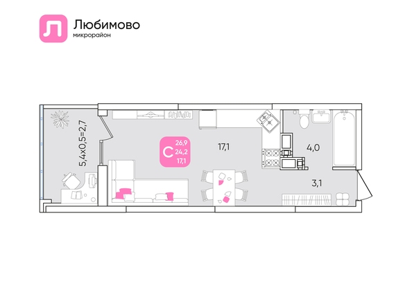 Планировка 1-комн 26,9 м²