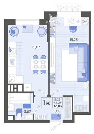 Планировка 1-комн 43,03 м²