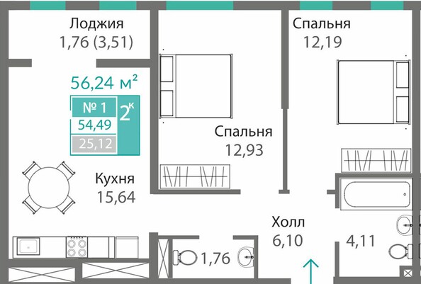 Планировка 2-комн 54,22 - 54,51 м²