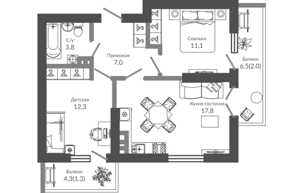 Планировка 2-комн 55,3 м²