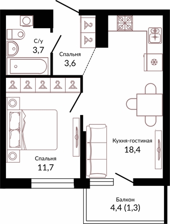 Планировка 1-комн 38,7 м²