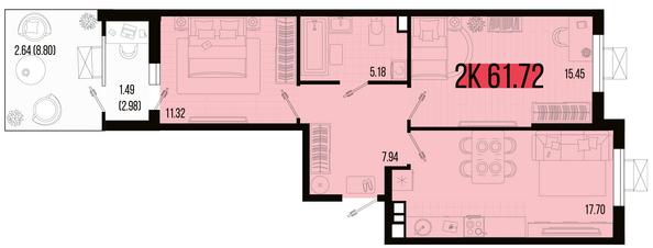 Планировка 2-комн 61,72, 61,9 м²