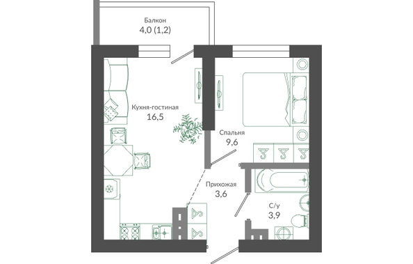 Планировка 1-комн 34,8 м²