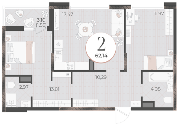Планировка 2-комн 62,14 м²