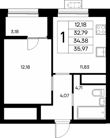 Планировка 1-комн 35,97 - 36,1 м²