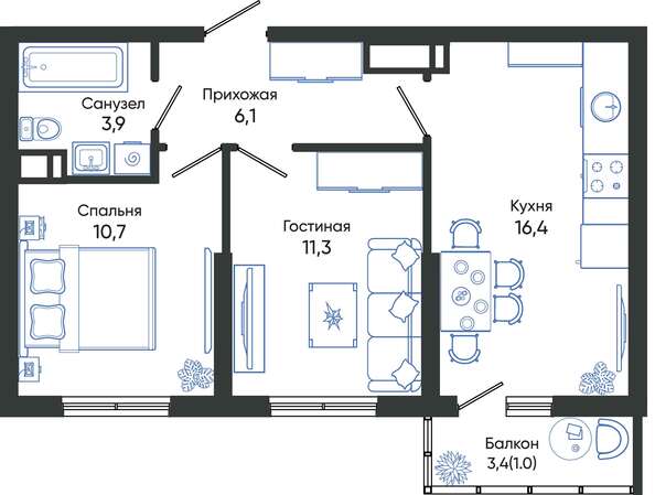 Планировка 2-комн 49,4 - 49,9 м²