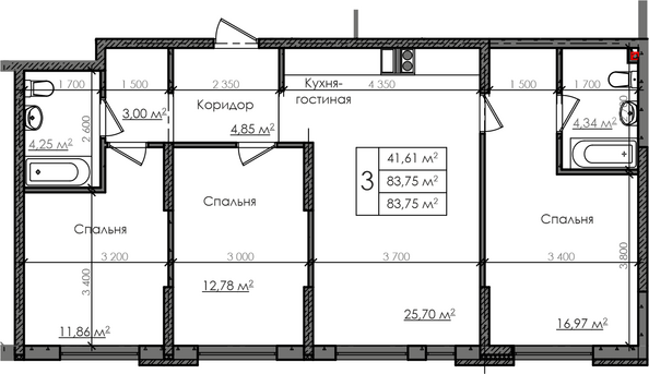 Планировка 3-комн 83,75 м²