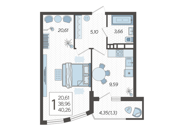Планировка 1-комн 40,26 м²