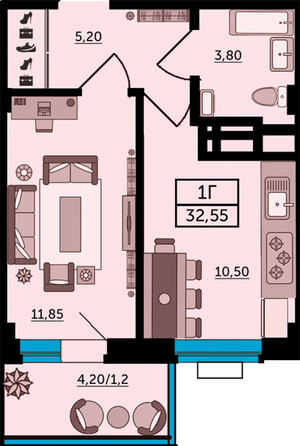 Планировка 1-комн 33,1 м²