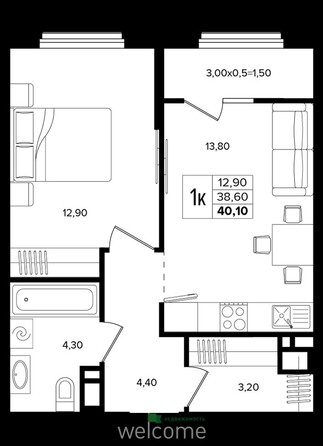 Планировка 1-комн 40,1 м²