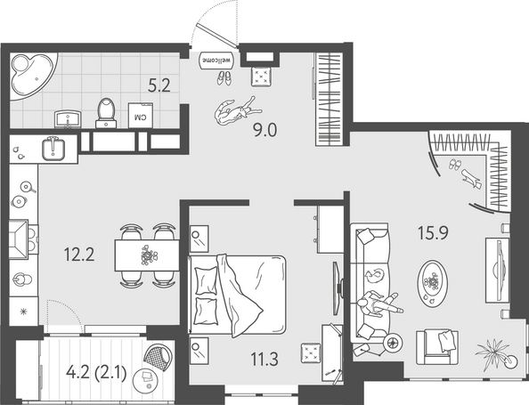 Планировка 2-комн 55,7 м²