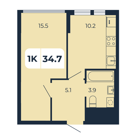 Планировка 1-комн 34,7 м²