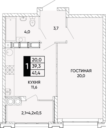Планировка 1-комн 41,4 - 41,9 м²