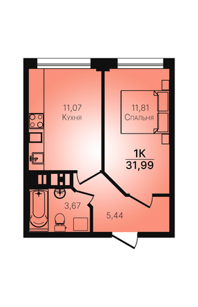 Планировка 1-комн 31,99 м²