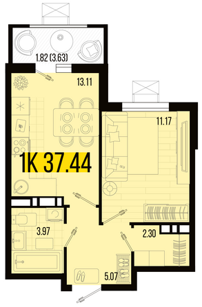 Планировка 1-комн 37,44 м²