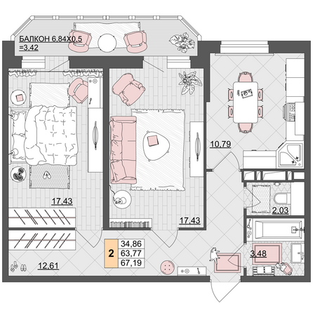 Планировка 2-комн 67,19 м²