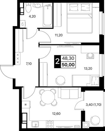 Планировка 2-комн 50, 50,3 м²