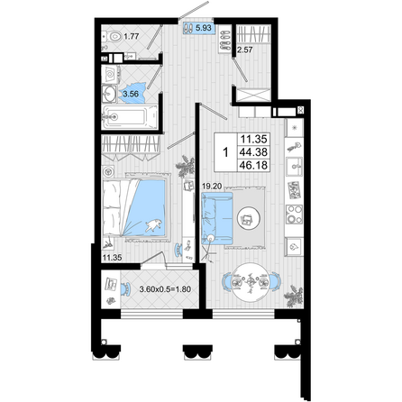 Планировка 1-комн 46,18 м²