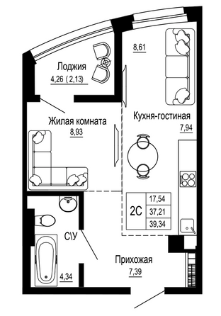 Планировка 1-комн 39,34 м²