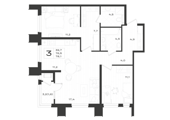 Планировка 3-комн 78,1 м²
