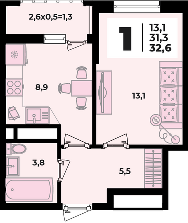 Планировка 1-комн 32,6 м²