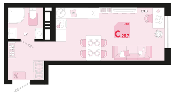 Планировка 1-комн 26,7, 27,6 м²