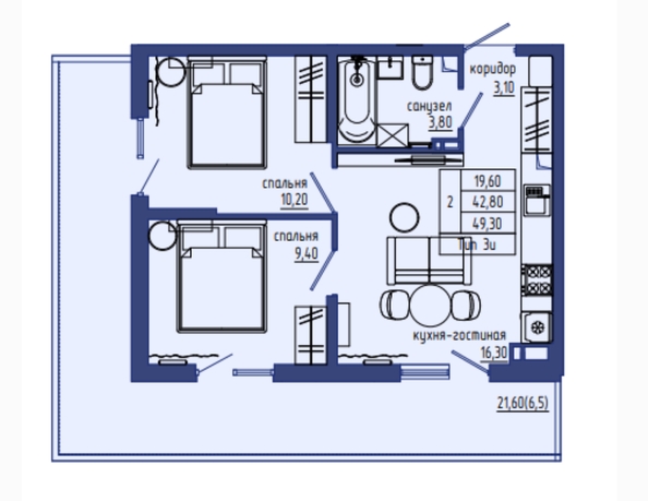 Планировка 3-комн 49,3 м²