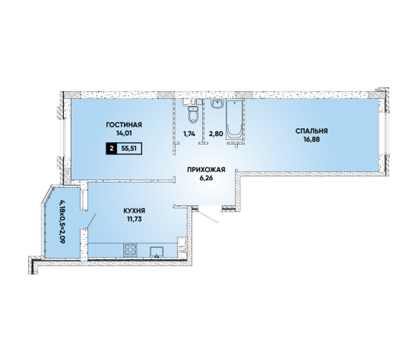 Планировка 2-комн 55,51 м²