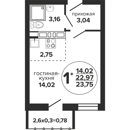 Планировка Студия 23,75 м²