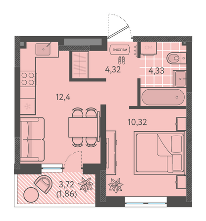 Планировка 1-комн 32,19 м²
