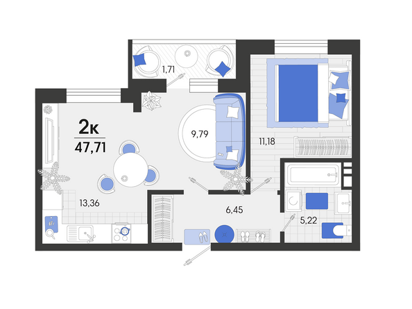 Планировка 2-комн 47,71 м²