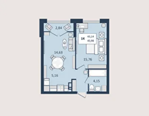 Планировка 1-комн 46 м²
