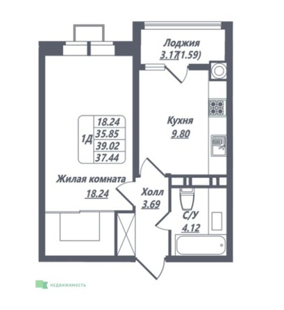 Планировка 1-комн 37,44 м²