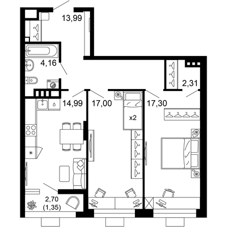Планировка 2-комн 71,1 м²