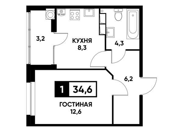 Планировка 1-комн 34,6 м²