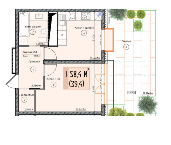 Планировка 1-комн 58,4 м²