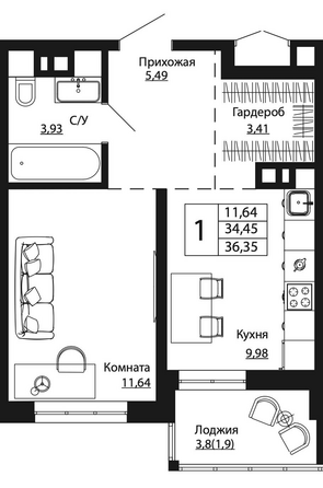 Планировка 1-комн 36,35 м²