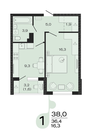Планировка 1-комн 38 м²