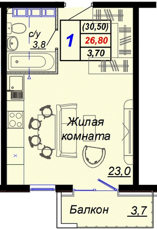 Планировка 1-комн 30,5 м²