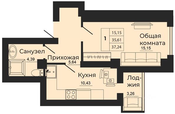 Планировка 1-комн 37,24, 37,42 м²